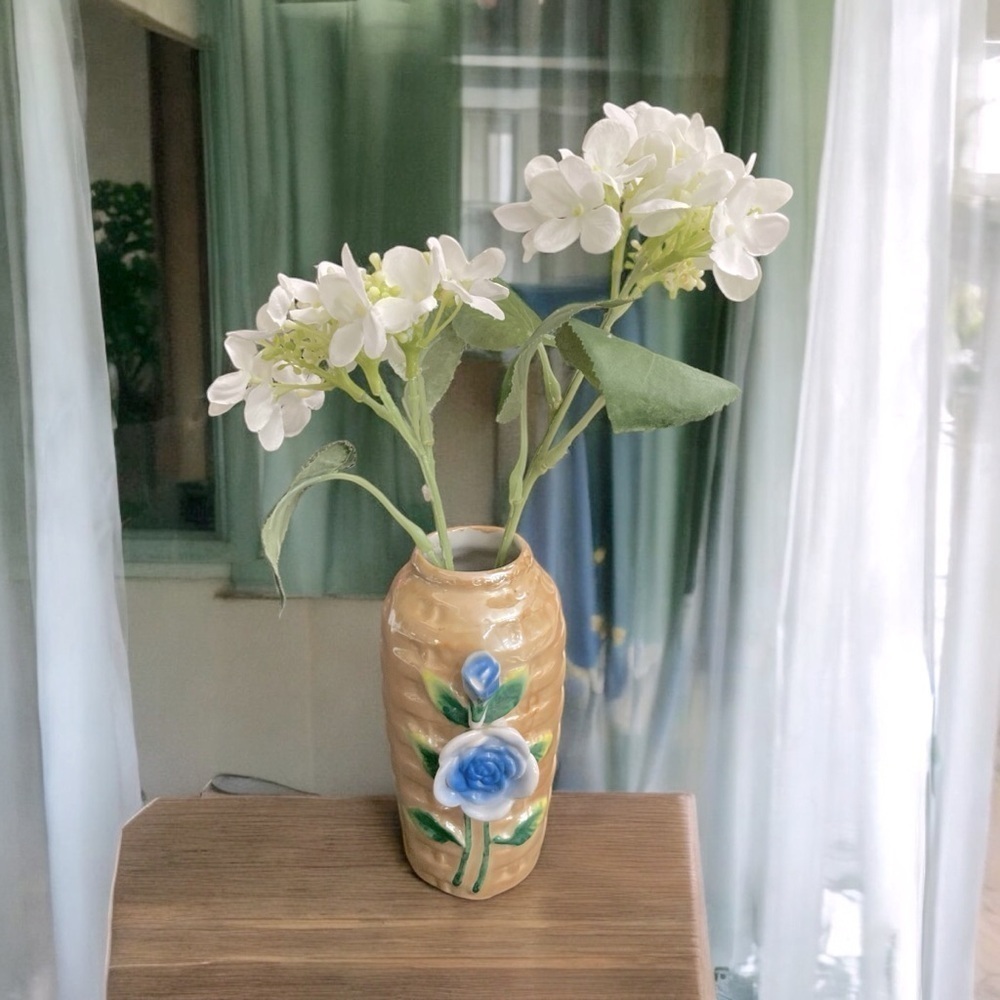 Vintage 1920's Made in Japan Porcelain Lustre Ware Vase w/3-D Rose Flower Effect